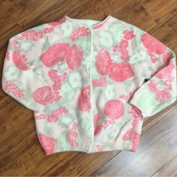 Vintage Sweaters - Vintage Rosecrest Women's Cream Peach Floral Button Cardigan Size Small Coquette